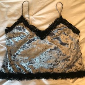 Silver velvet and black lace crop tank